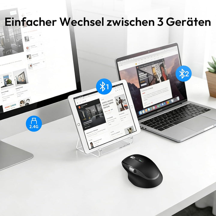 Wiederaufladbare Bluetooth Kabellose Maus mit Daumenrad Schwarz, Schwarz