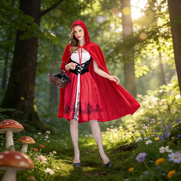 Rotkäppchen Kostüm Damen, Rotkäppchen Umhang mit Kleid und Schwarze Strümpfe, Märchen Kostüm Damen G