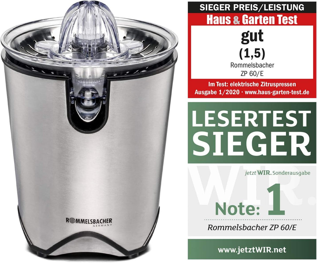 ROMMELSBACHER Zitruspresse ZP 60/E - leistungsstarker/leiser Motor, Edelstahlsieb, klappbare Auslauf