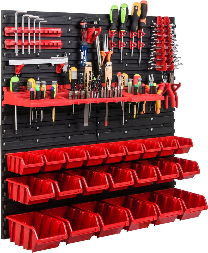Lagersystem Werkstattregal | 78 x78 cm | 22 stck. Box | Wandregal mit Werkzeughalterungen und Stapel