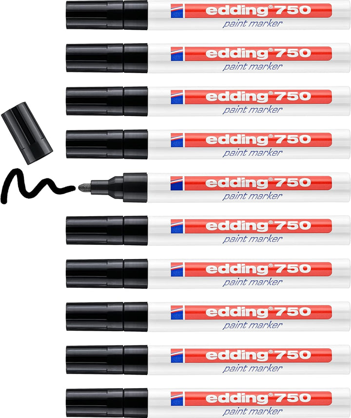 edding 750 Lackmarker - schwarz - 10 Stifte - Rundspitze 2-4 mm - Lackstift zur Markierung und Besch