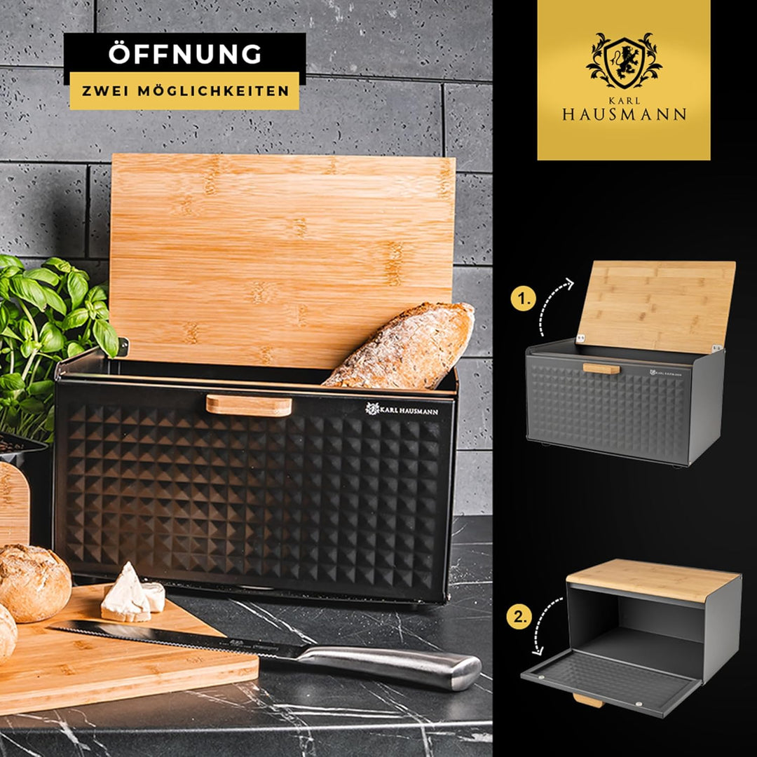 KARL HAUSMANN Brotkasten Metall Grau mit Bambus Deckel - Hält Brot länger frisch | Grosse Brotbox zu