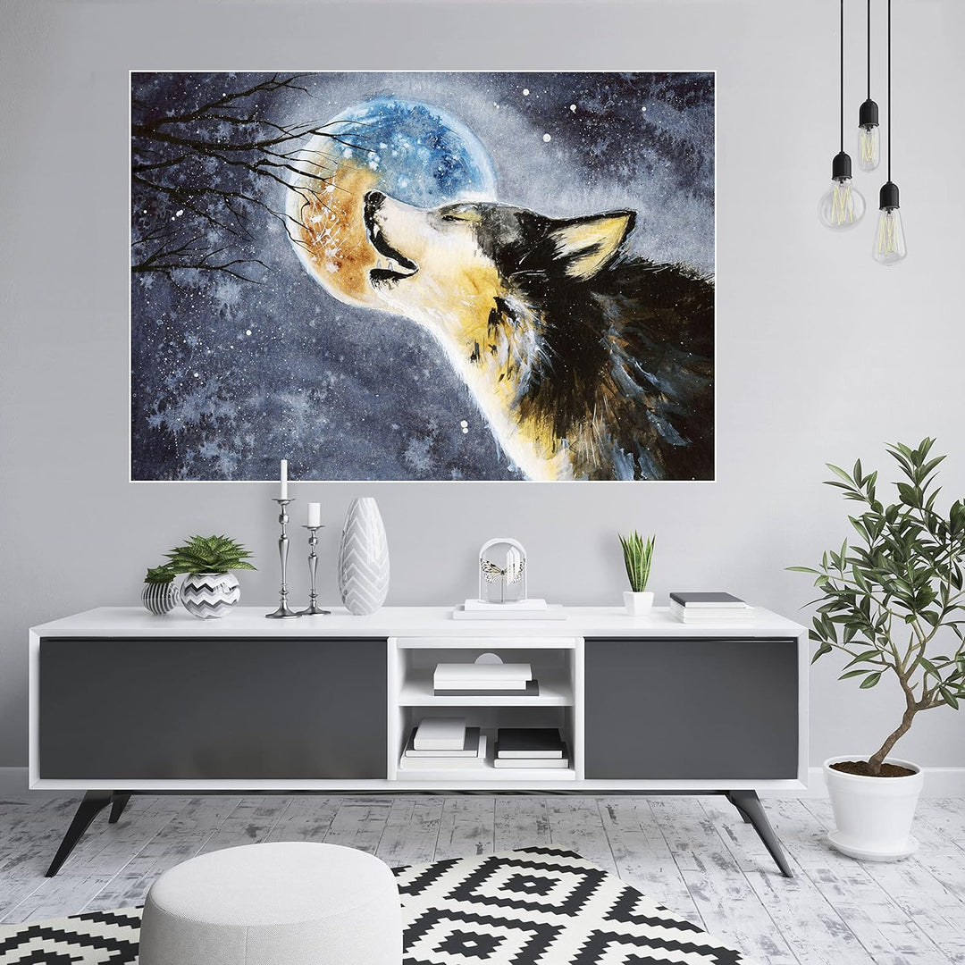 wandmotiv24 Poster als Wanddeko, Grösse 100x70cm, Heulender Wolf, Gemälde, Mond, Mitternacht, Tier,