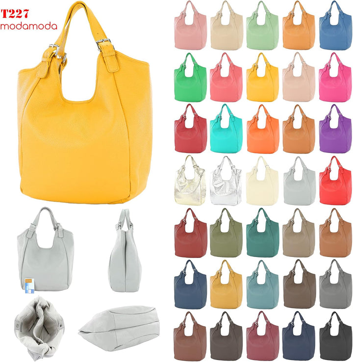modamoda de - T227 - Ital. Shopper Schultertasche Large aus Leder Petrol, Petrol