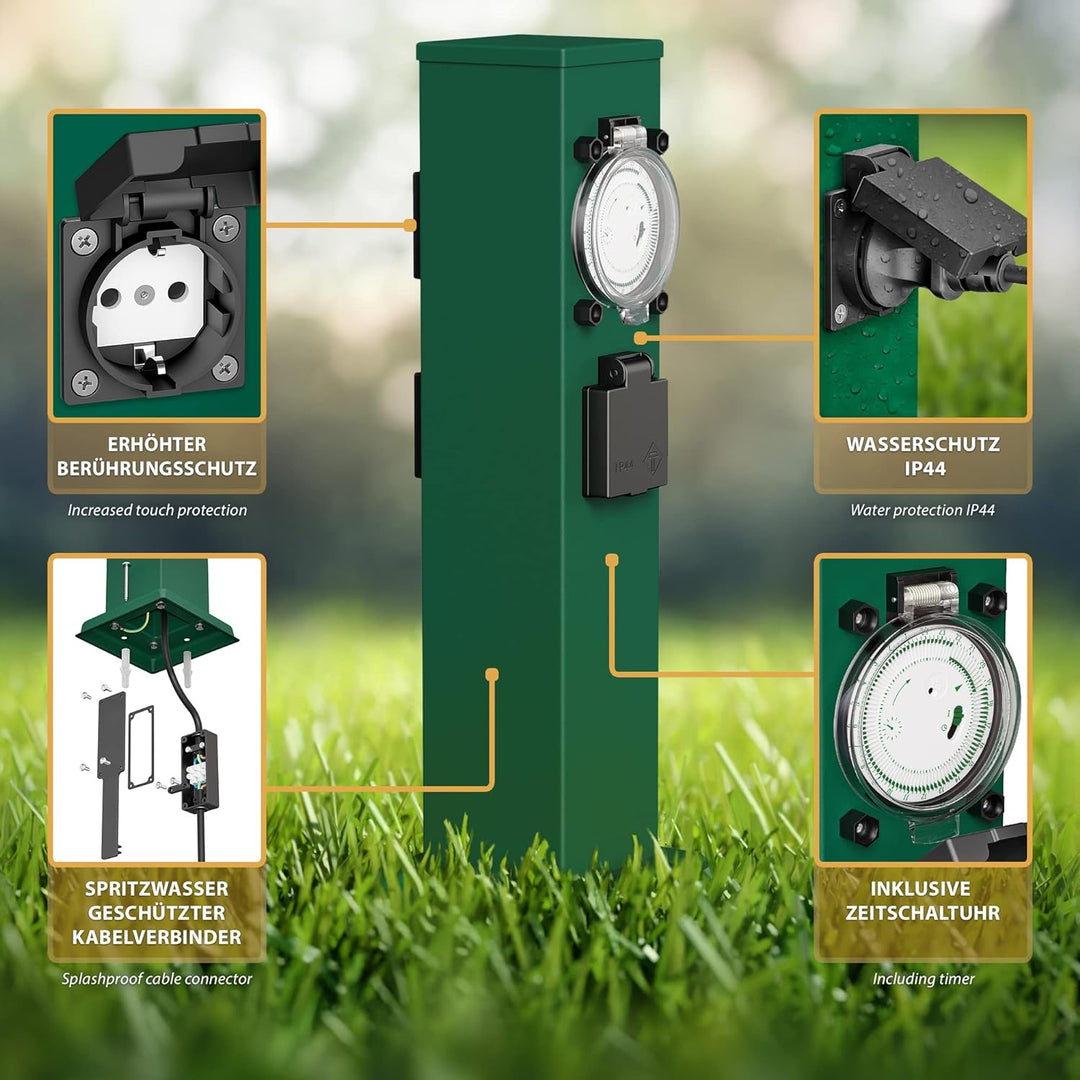 ledscom.de Garten-Steckdosen-Säule Polly mit Erdspiess für aussen, IP44, 3-Fach mit Timer/Zeitschalt