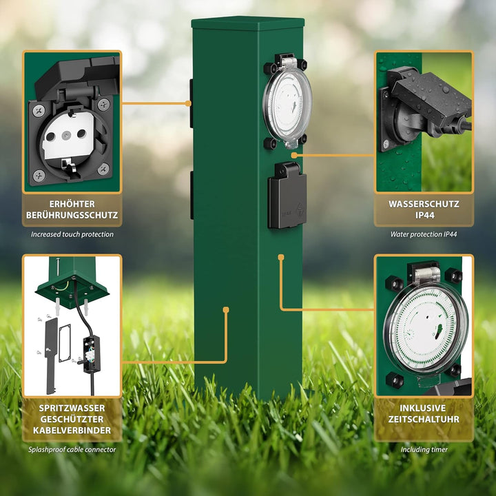 ledscom.de Garten-Steckdosen-Säule Polly mit Erdspiess für aussen, IP44, 3-Fach mit Timer/Zeitschalt