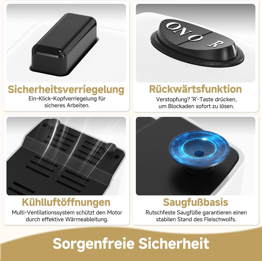 AMZCHEF Fleischwolf Elektrisch für Zuhause - mit 3 Platten, Wurstfüller & Kubbe-Kit | Ideal für Hack