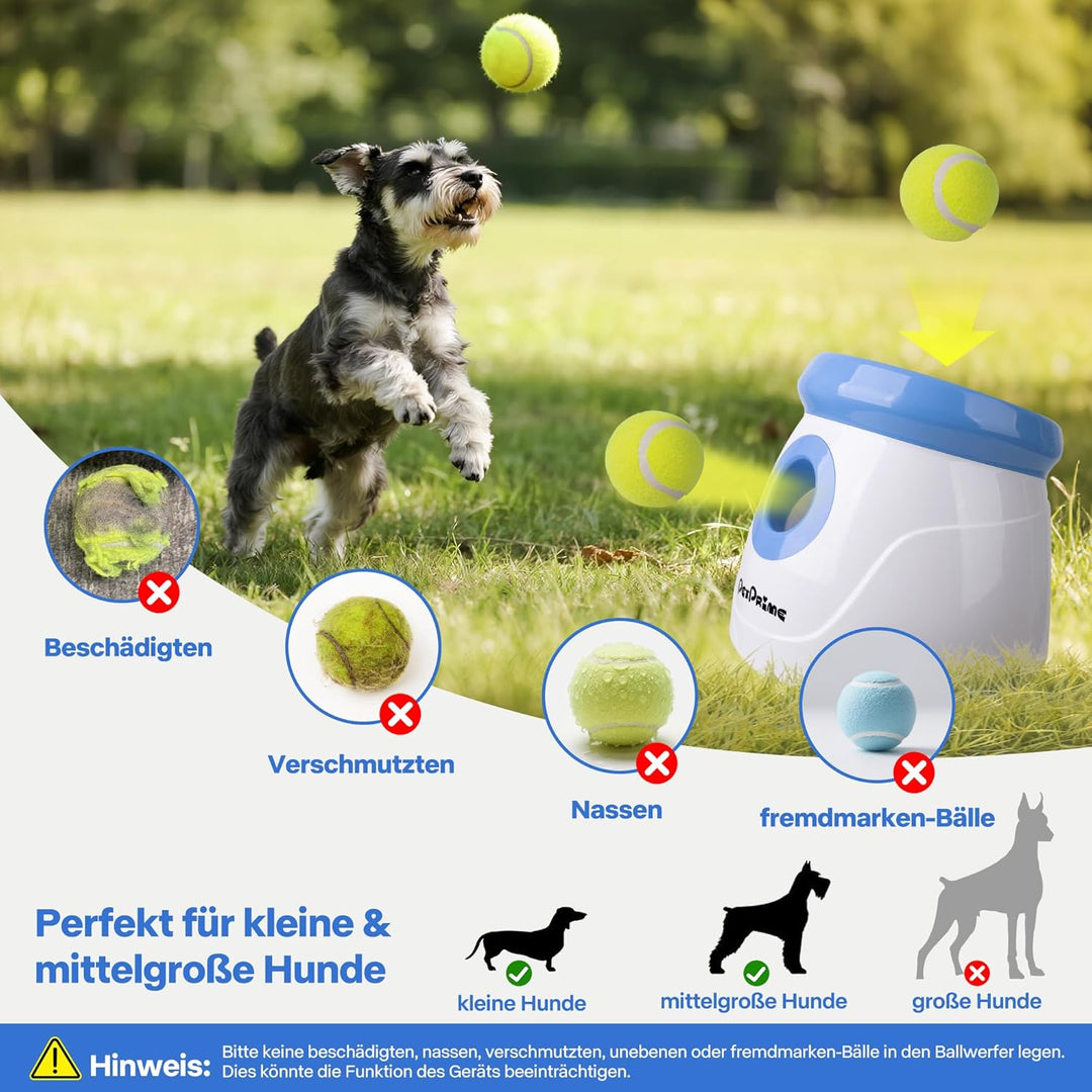 Pet Prime Automatische Ballwurfmaschine für Hunde mit 3 Distanzen (3m-9m) Inkl. 3 Robusten Tennisbäl
