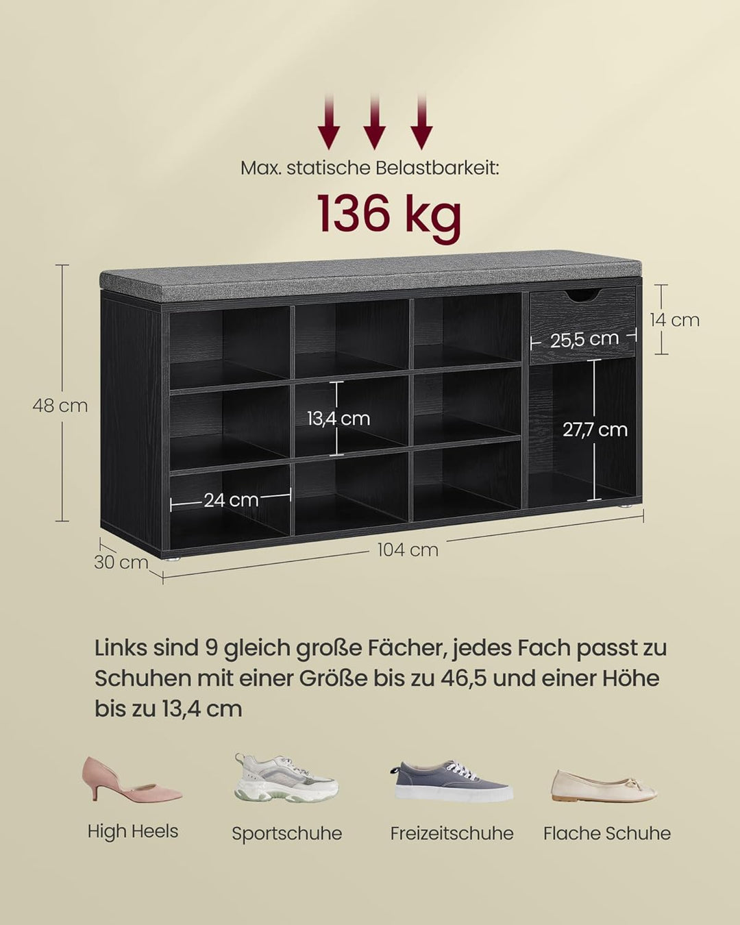 VASAGLE Custos Kollektion - Schuhbank, Schuhregal mit Schublade und offenen Fächern, Sitzbank, gepol