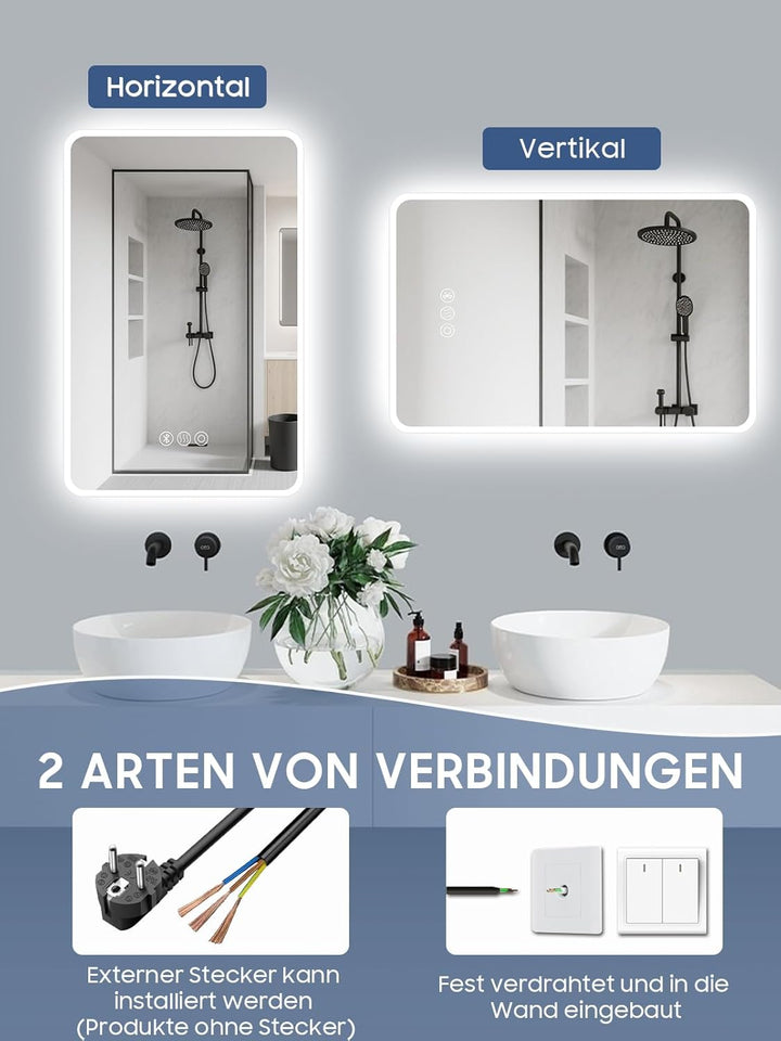 Badspiegel mit Beleuchtung,40x60cm LED Badezimmerspiegel Mit Licht und Bluetooth, Entfoggen, 3 Farbt
