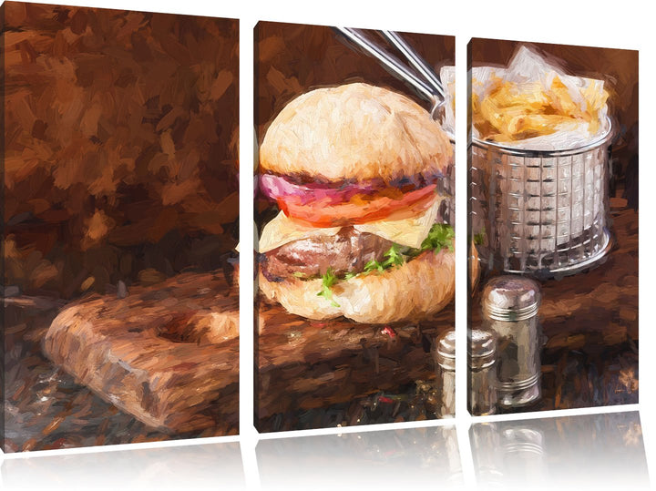 Pixxprint Cheesburger mit Pommes als Leinwandbild/Grösse: 3 Teilig (120x80) cm/Wandbild/Kunstdruck/f