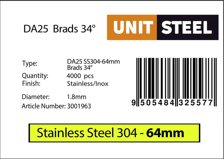 34° Stauchkopfnägel - 1,8x64mm, 4.000 stück, Nägel für Druckluft-Nagler, DA25EGB, Rostfrei Stahl, fü