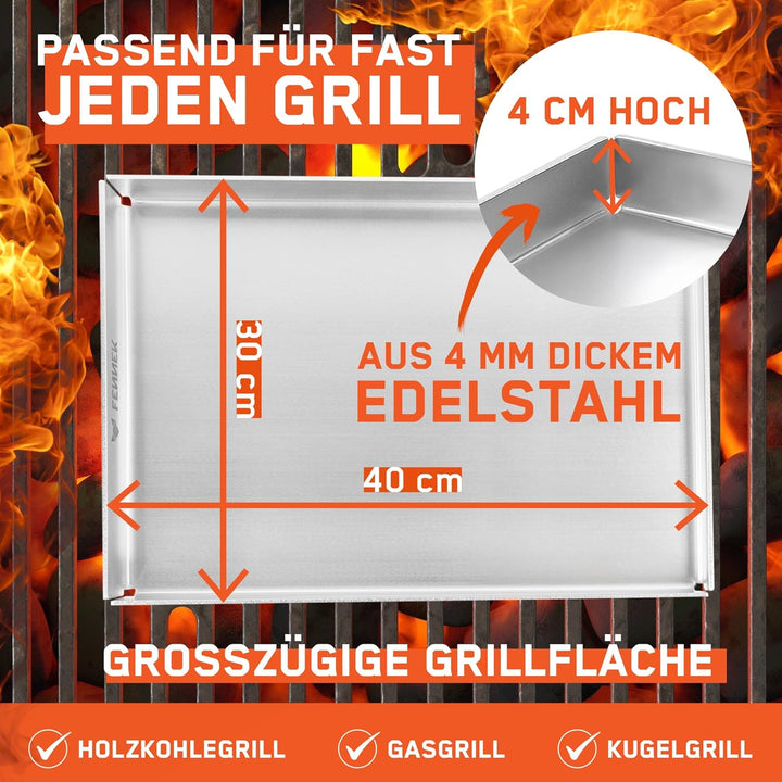 FENNEK Plancha 40 x 30 cm Teppanyaki Grillplatte mit Vorderkante & grossem Ablaufloch | 4,0 mm Edels