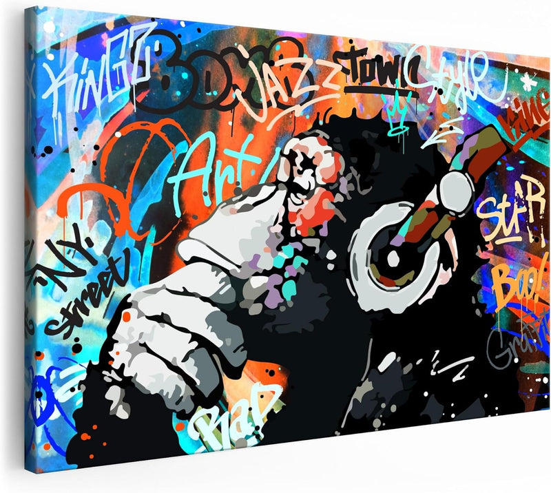 Artmazing | Affe Bild bunt | Graffiti Bild Affe | Bild Affe mit Kopfhörer | S-Art Bilder | Affenbild