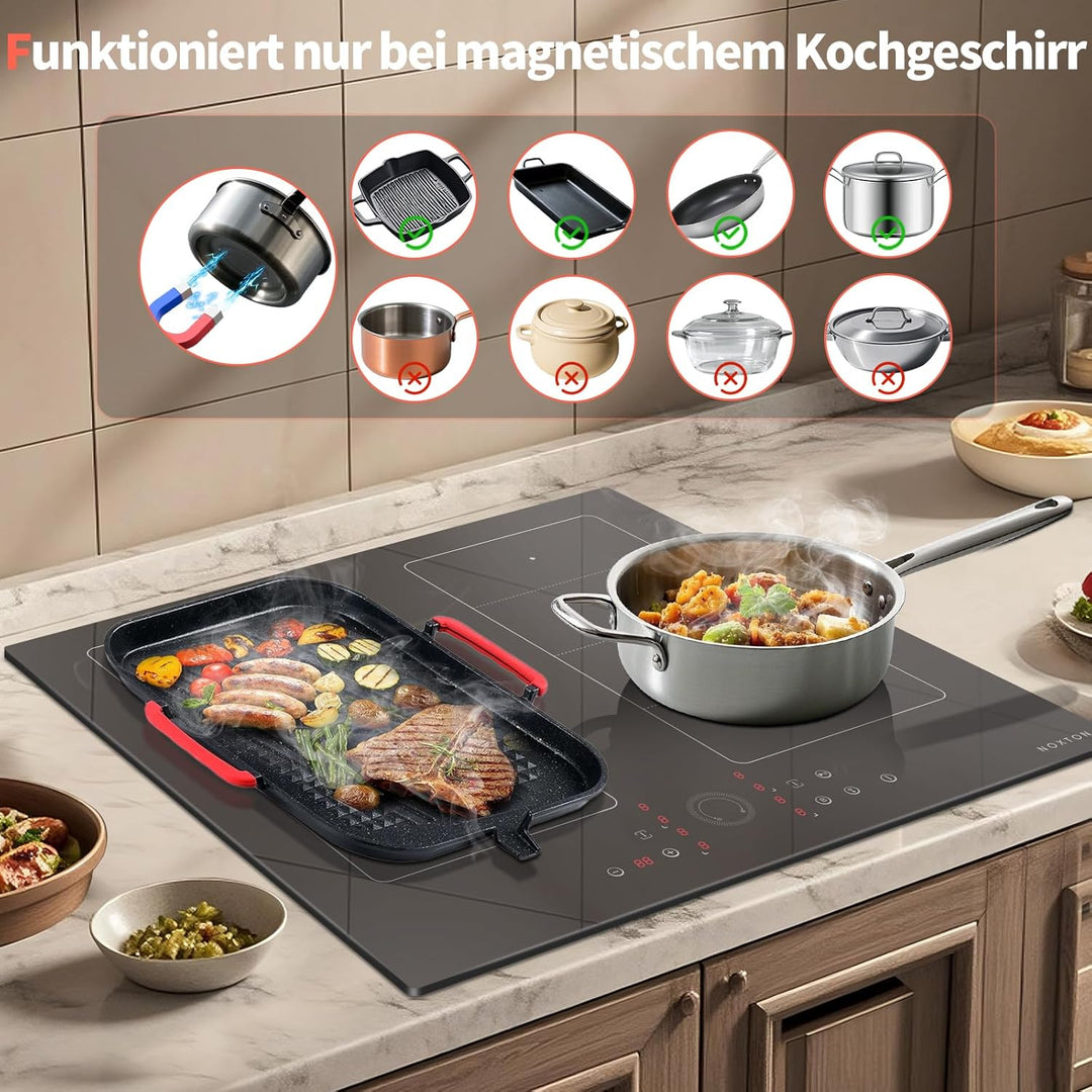 NOXTON Induktionskochfeld 4 Platten mit Doppelte Flexzonen, Induktionsfeld 60 cm Einbau mit Booster,