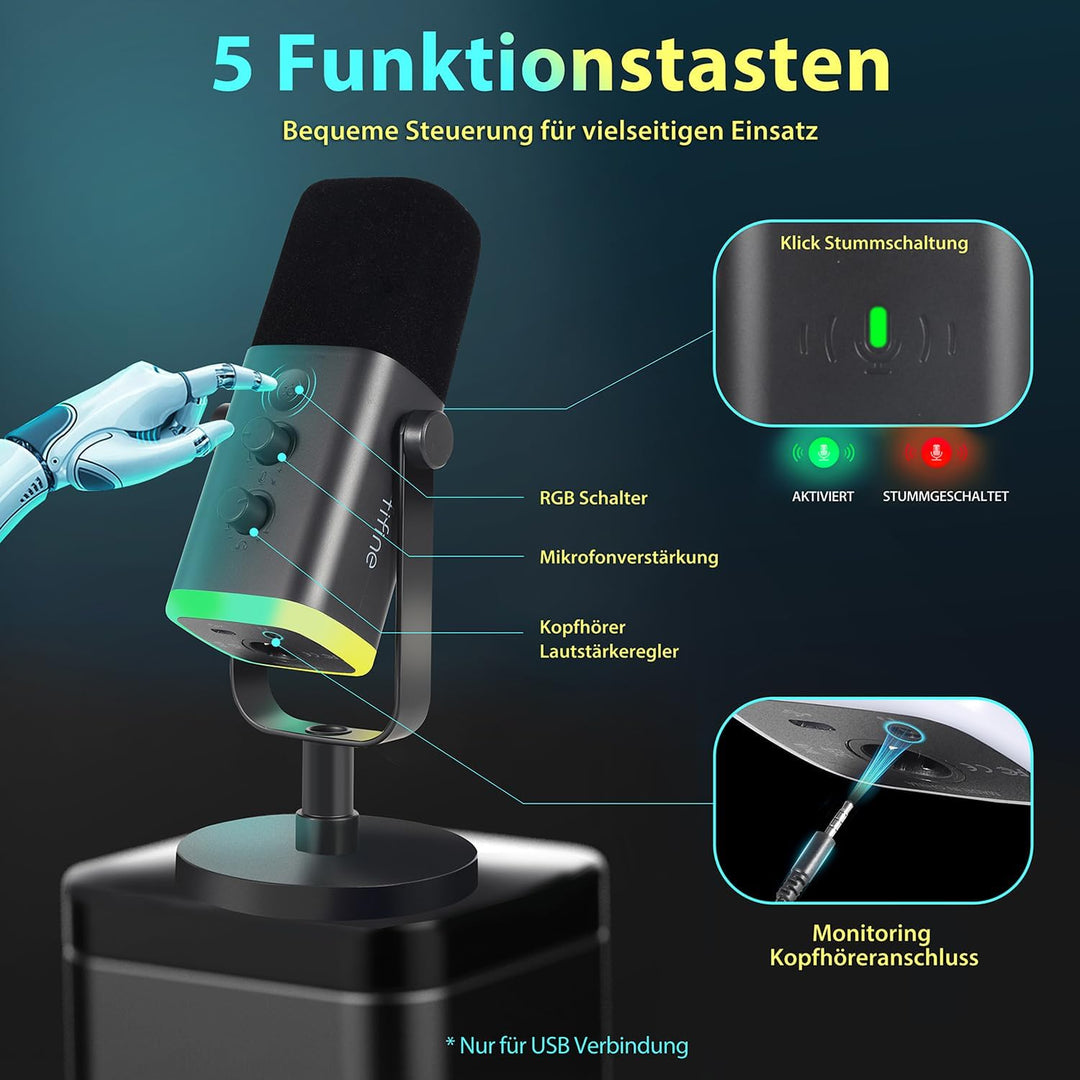 FIFINE XLR Gaming Mikrofon für Streaming Podcast Studio, USB Dynamisch Microphone PC mit Stummschalt