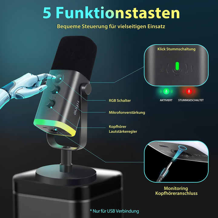 FIFINE XLR Gaming Mikrofon für Streaming Podcast Studio, USB Dynamisch Microphone PC mit Stummschalt