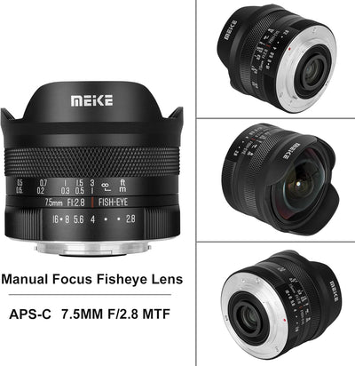 Meike 7,5 mm F2,8 grosse Blende, ultraweites, rundes Fischaugenobjektiv, manueller Fokus, kompatibel