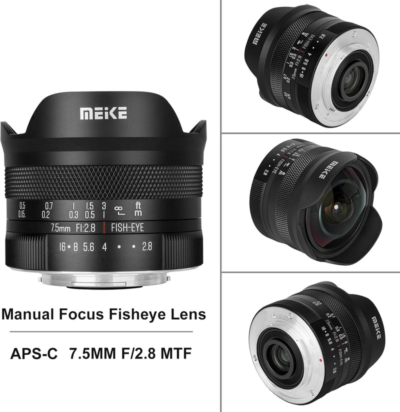 Meike 7,5 mm F2,8 grosse Blende, ultraweites, rundes Fischaugenobjektiv, manueller Fokus, kompatibel
