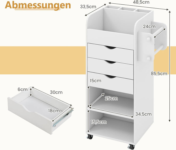 COSTWAY Rollcontainer mit 3 Schubladen, Bastelwagen mit 2 Rollstangen & 3 Fächern, Schubladenschrank