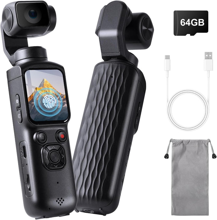 LAMA Vlog Kamera Videokamera 4K 64MP Mini Tragbare Actionkamera mit 320° Gedrehtes Objektiv 64GB Kar