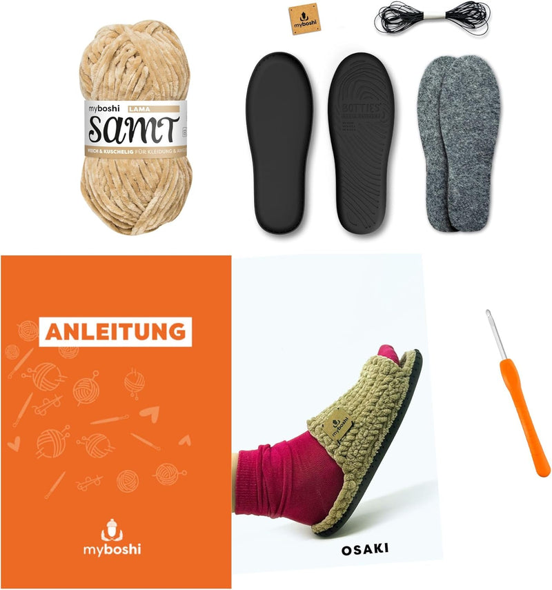 myboshi Häkelset Boshilette Osaki, für Anfänger, inkl. Botties Sohlen-Set, Samt Wolle, Häkelnadel, A