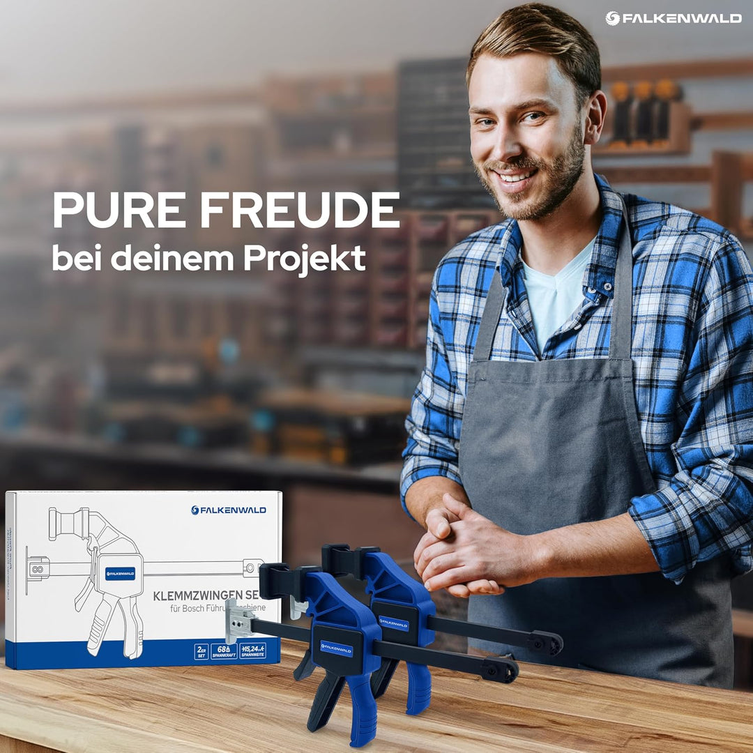 Falkenwald® Einhandzwinge Set 2 Stück für Bosch Führungsschiene - Zum Spannen, Dehnen, Fixieren mit