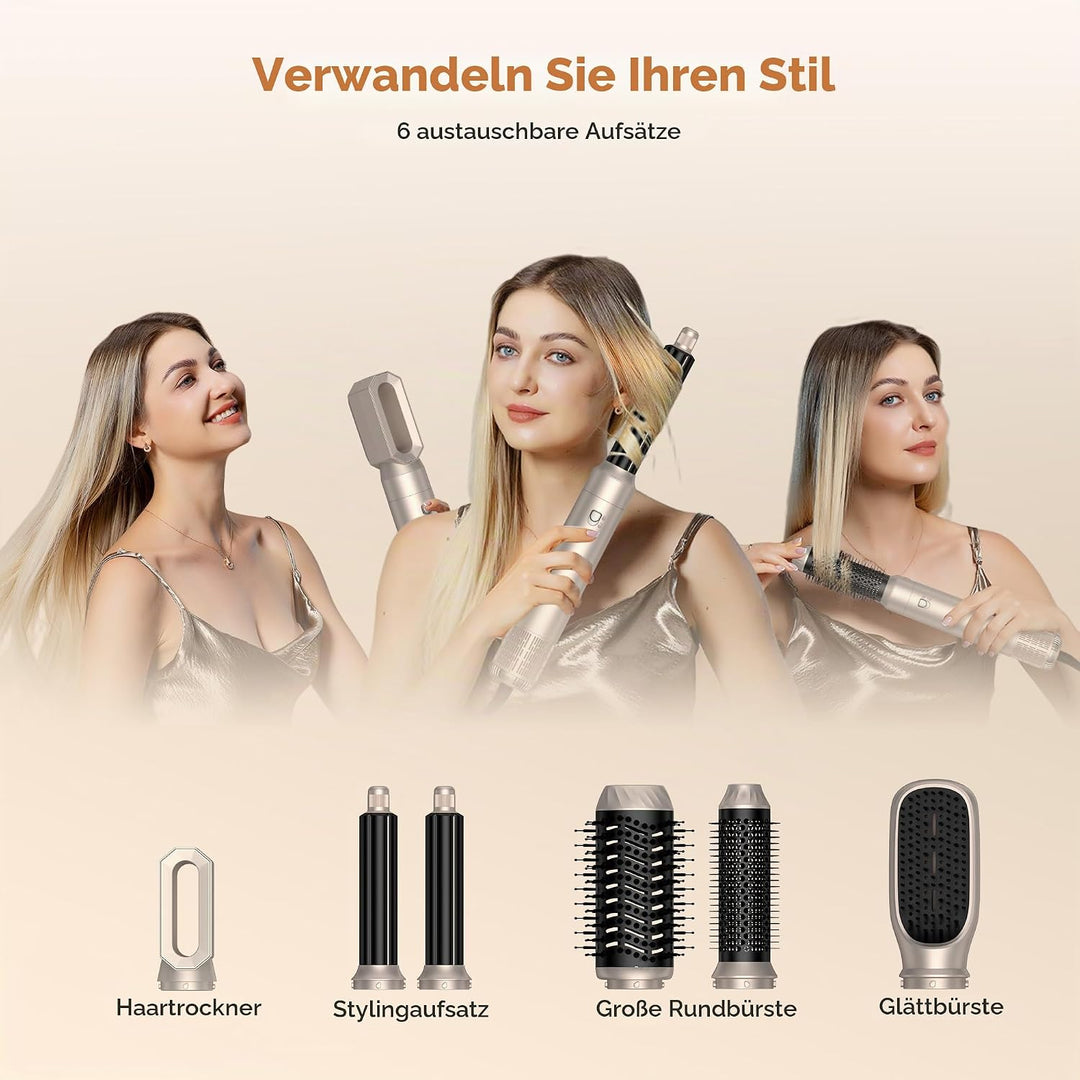 UKLISS Hairstyler 6 in 1 Air Styler Set - Pro Haarstyler Set 1000w mit Rundbürstenföhn, Air Curler,