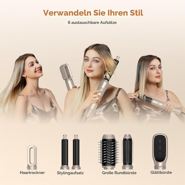 UKLISS Hairstyler 6 in 1 Air Styler Set - Pro Haarstyler Set 1000w mit Rundbürstenföhn, Air Curler,