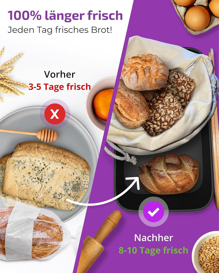 Brotkasten Schwarz – Brotbox mit Bambusdeckel als Schneidebrett [2in1 Brotbehälter]- inklusive grati