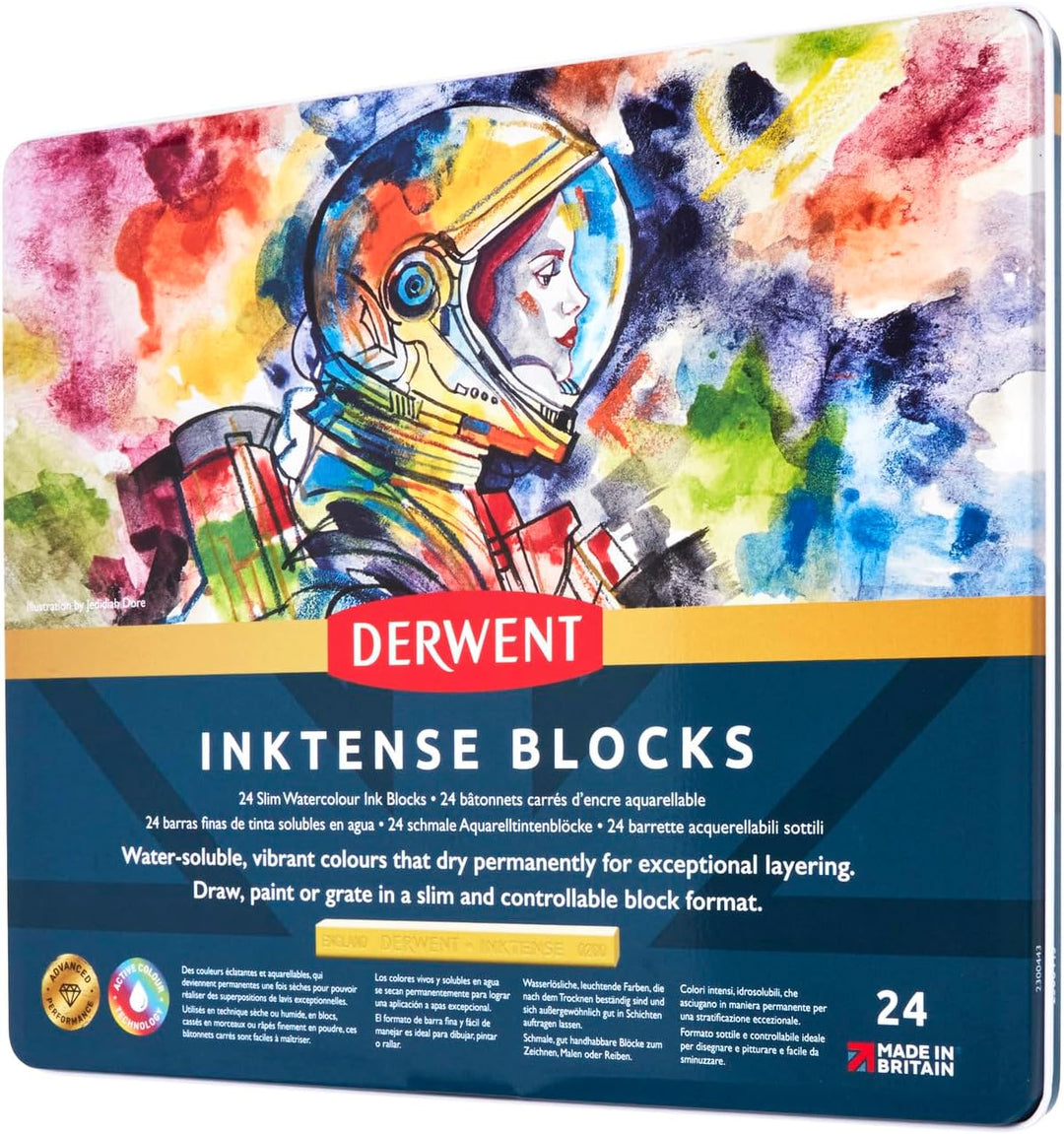 Derwent Inktense 24 Tintenblöcke, Set mit 24 Wasserfarben, Breite 8 mm, wasserlöslich, ideal zum Zei