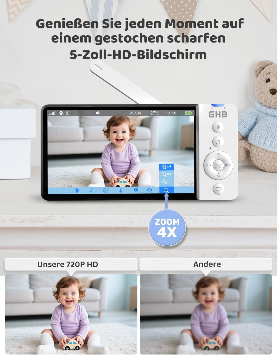 GHB Babyphone mit Kamera 5 Zoll IPS-Display 720P 5000 mAh VOX-Energiesparmodus 4X Zoom Nachtsicht Zw