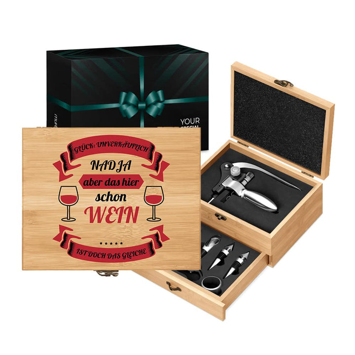 Maverton Weinöffner-Set personalisiert Weinset Sommelier Set - Geschenkbox Holzbox + 8er Weinzubehör