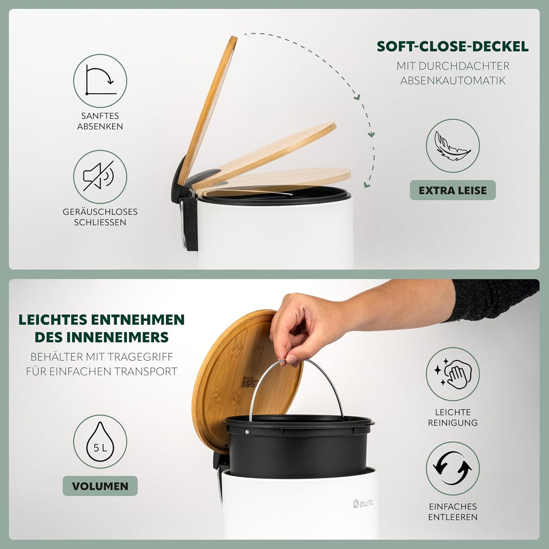 eluno Kosmetikeimer, Treteimer, 5 Liter Fassungsvermögen, mit Soft-Close Bambusdeckel, Abfallbehälte