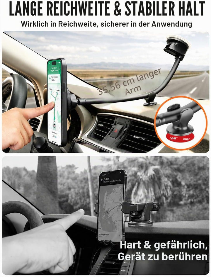 APPS2Car Magnetische Kfz-Handyhalterung für MagSafe – langer Arm 33 cm mit starkem Saugnapf für Wind