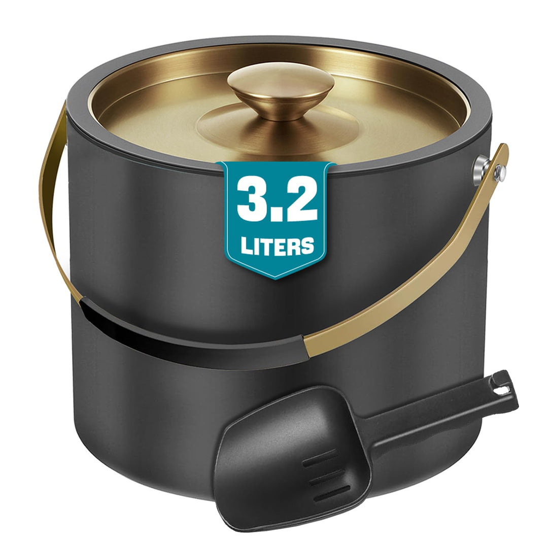 3.2L Eiswürfelbehälter mit Deckel und Schaufel, Edelstahl Eiskübel Doppelwandiger Isolierter Eisbehä