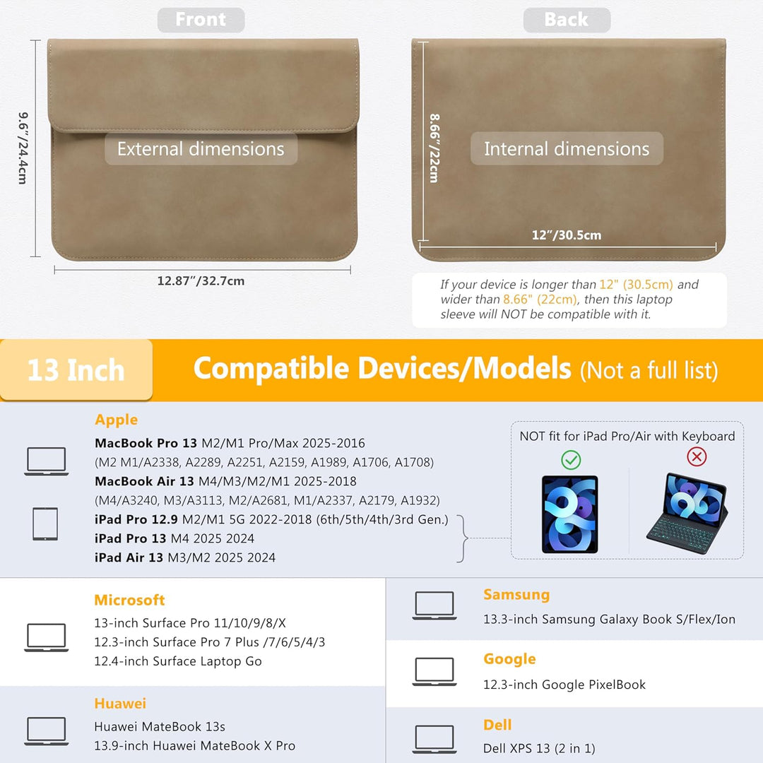 HYZUO 13 Zoll Wildleder Laptop Hülle für MacBook Air 13,6/13 M4 M3 M2 M1 2025-2018, MacBook Pro 13 M