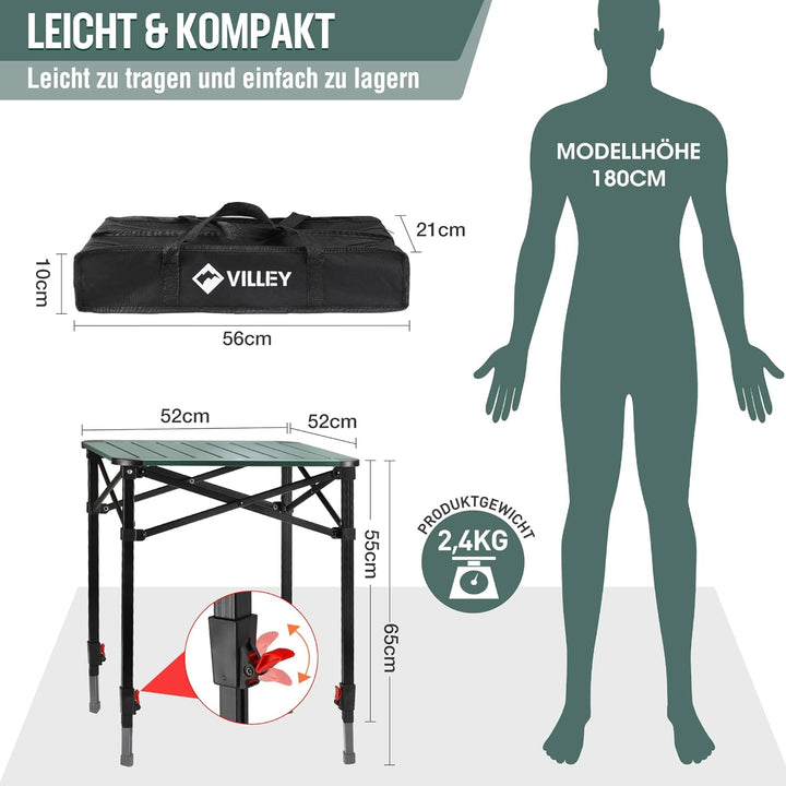 VILLEY Aluminium Klapptisch mit Tragetasche, klappbarer Campingtisch aus Alu, Faltbarer Balkontisch,