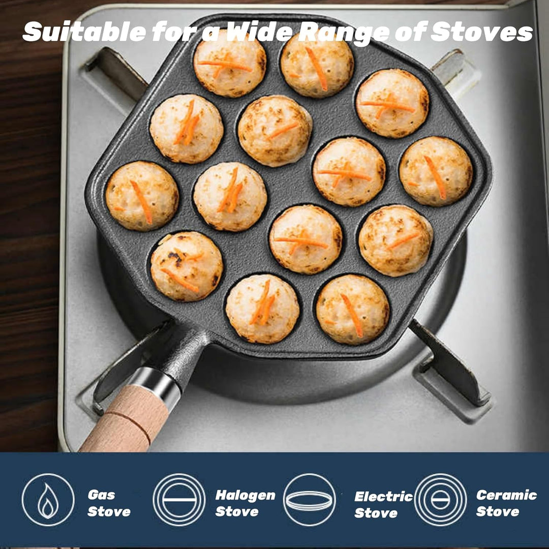 Topyond Takoyaki Pfanne,14 Löcher 3.8cm Loch Antihaft Pan Gusseisen mit Abnehmbarem Griff,Takoyaki M