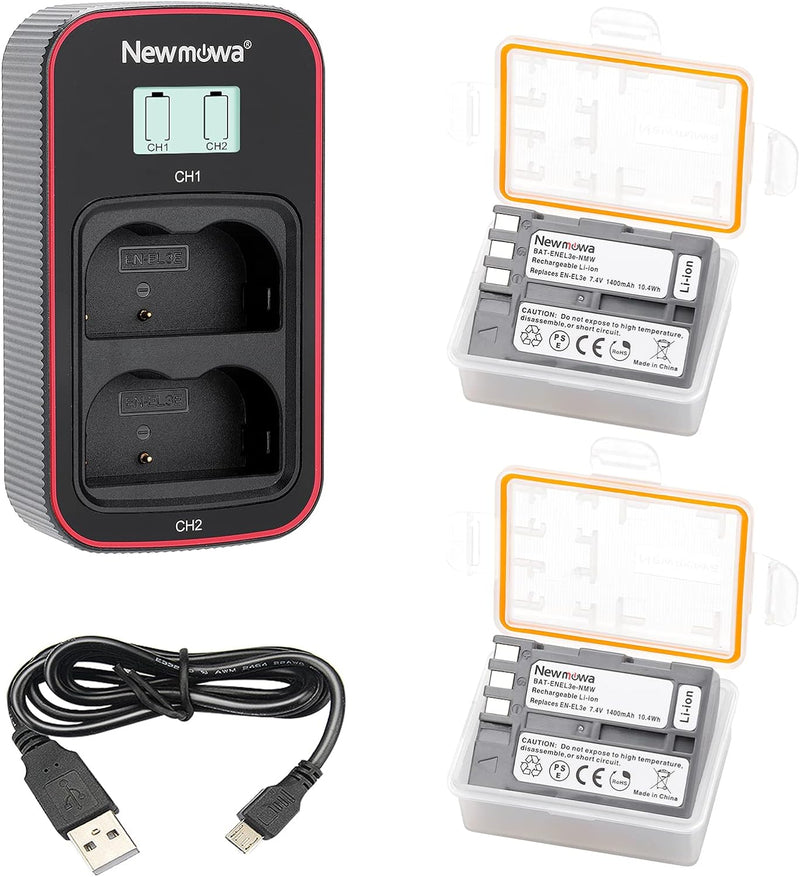 Newmowa EN-EL3 Ersatzakku (2er-Pack) und Smart LCD Display Dual USB-Ladegerät für Nikon EN-EL3 und N