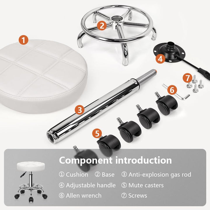 KKTONER Rollhocker Arbeitshocker Barhocker höhenverstellbar 49-64cm drehbar aus Kunstleder Weiss, We