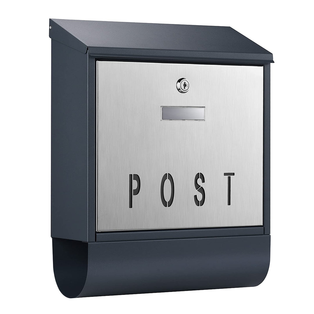Wiltec Designer Briefkasten V38 Anthrazit und Edelstahl 305 x 105 x 385 mm, Wandbriefkasten mit Schl