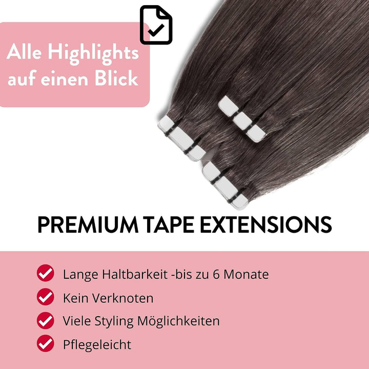 hair2heart Premium Tape Extensions Echthaar glatt - 10 Tapes 2.5g 50cm 6/0 dunkelblond 50cm 10 Sträh