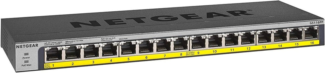 NETGEAR GS116PP PoE Switch 16 Port Gigabit Ethernet LAN Switch mit 16x PoE+ 183W (Plug-and-Play Netz