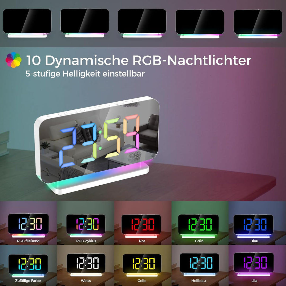 SZELAM Digital,Wecker Nachttisch,7,4" LED-Spiegeluhr mit 10 Modi RGB-Nachtlicht,11 Farben Digitalanz