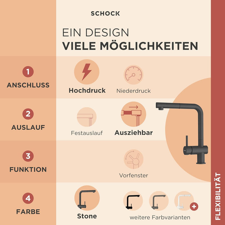 SCHOCK Küchenarmatur Epos Stone – graue hochdruck Armatur mit ausziehbarer Schlauchbrause und Standa