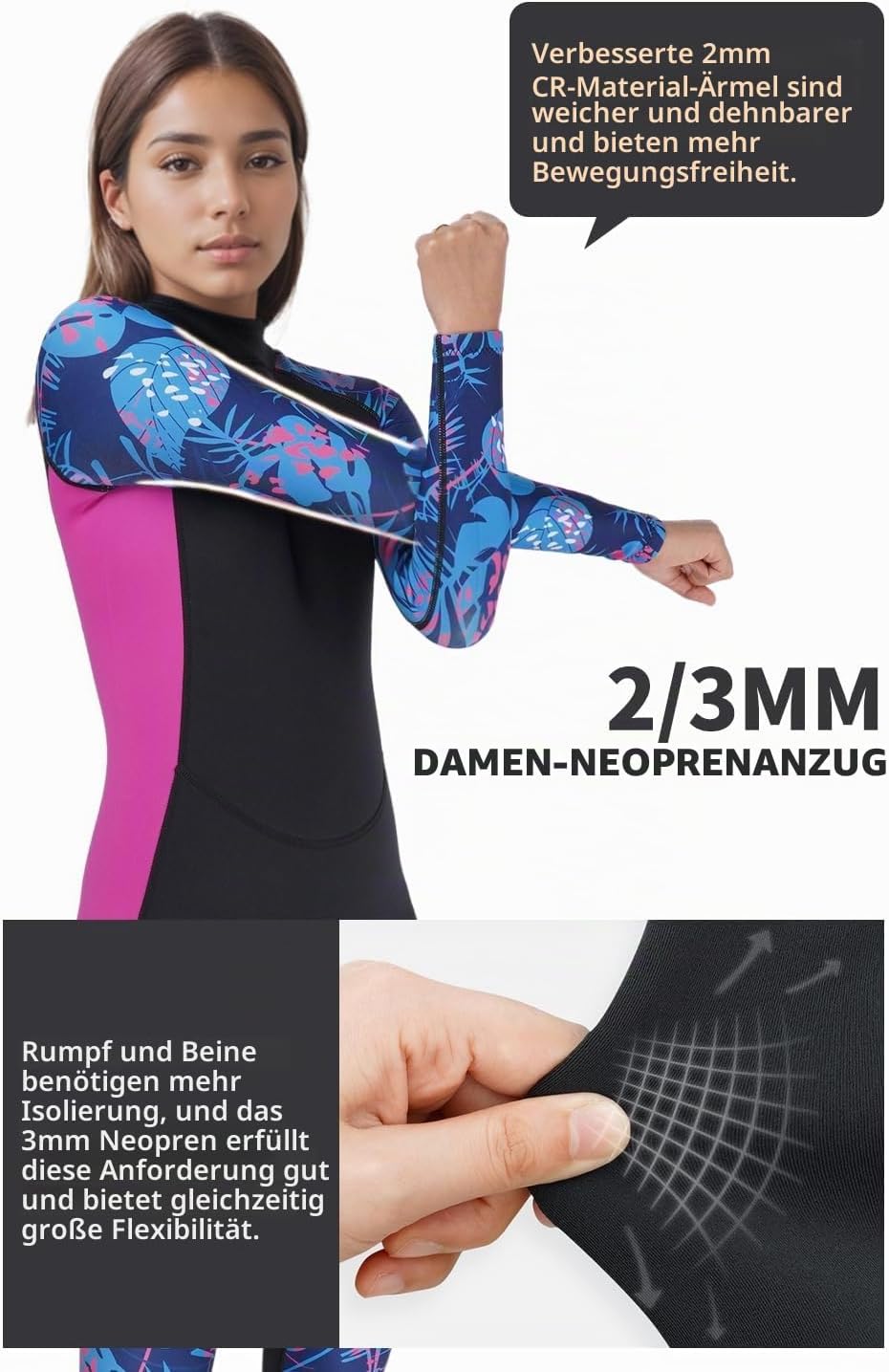 Yikayin Neoprenanzug Damen Lang, 3/2mm Neopren Tauchanzug Rückenreissverschluss, Neoprenanzug Lange