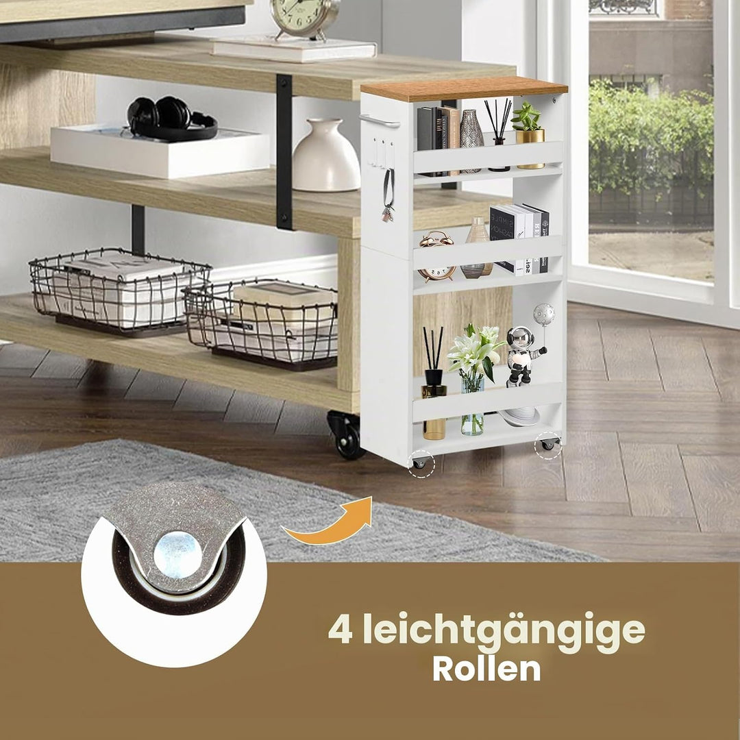 Nischenwagen 20cm breit, 4 Etagen Küchenwagen schmal, Nischenregal auf Rollen, Servierwagen mit Grif