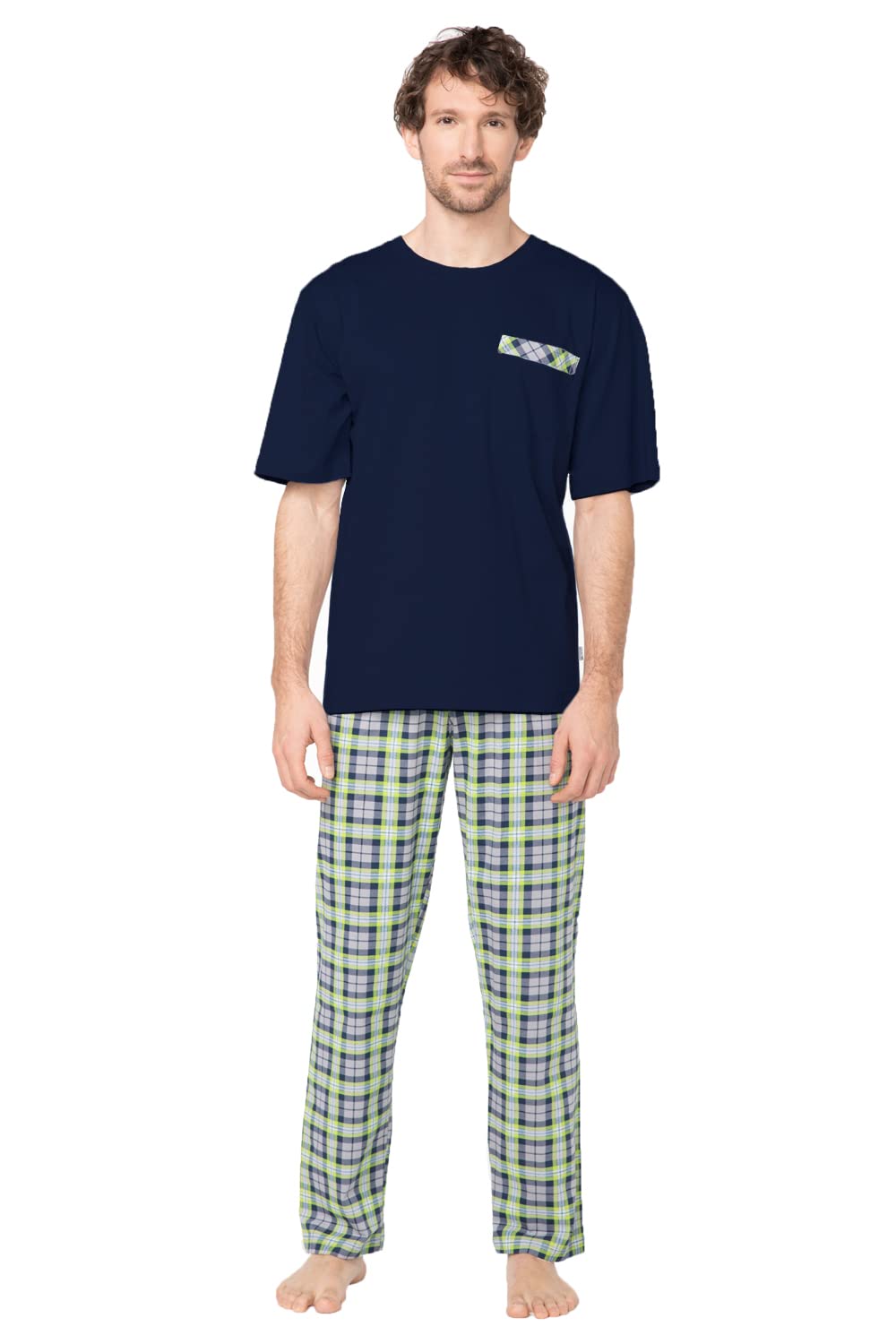 e.VIP® Herren Schlafanzug Chris SL 328A aus 100% Baumwolle S Marine/Grün, S Marine/Grün