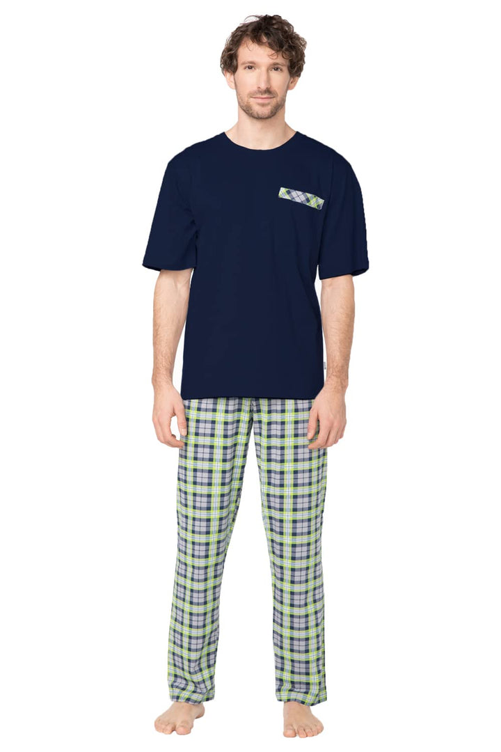 e.VIP® Herren Schlafanzug Chris SL 328A aus 100% Baumwolle S Marine/Grün, S Marine/Grün